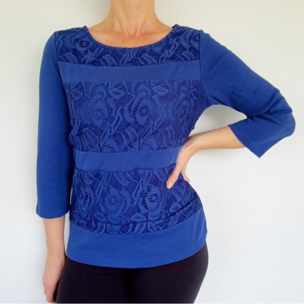 Rafaella royal blue floral lace stripe cotton 3/4 sleeve blouse size medium